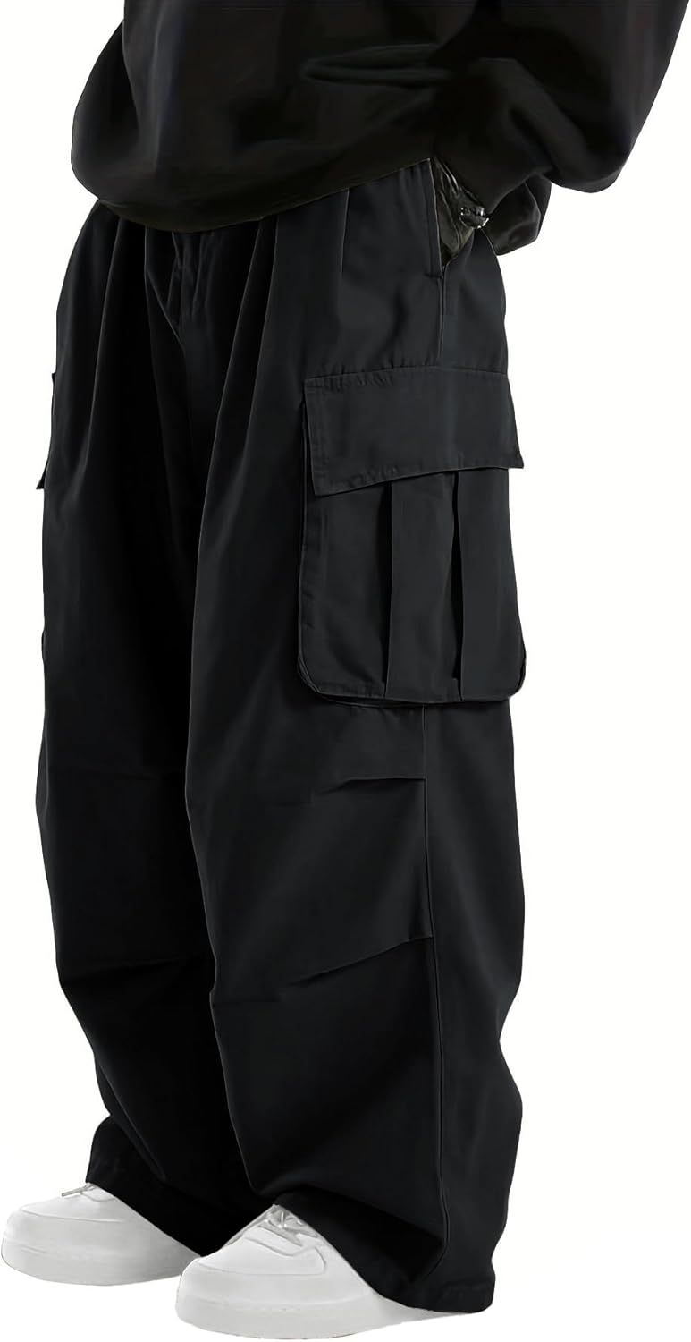 Men's Baggy Cargo Pants Elastic Waist Drawstring Parachute Cargo Pants Casual Joggers Hiking Pants with Pockets