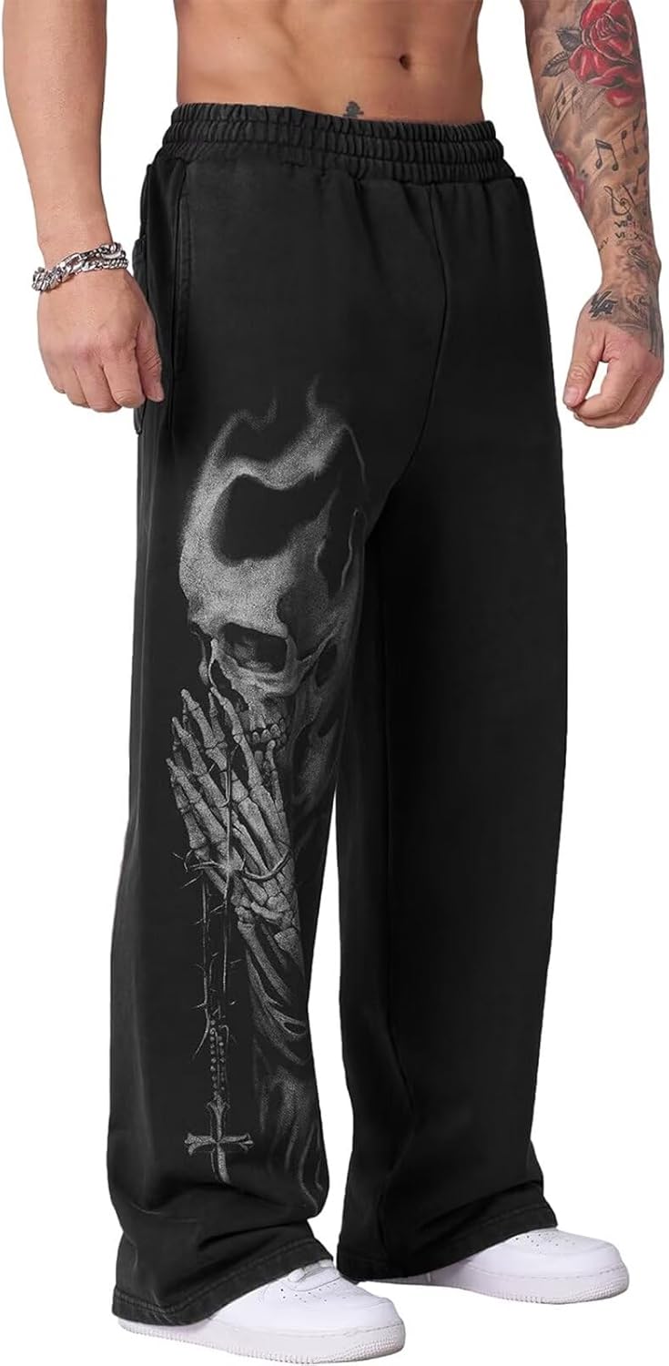 Men's Skull Print Sweatpants Relaxed Fit Punk Gothic Joggers Streetwear Hip Hop Lounge Track Pants with Pockets