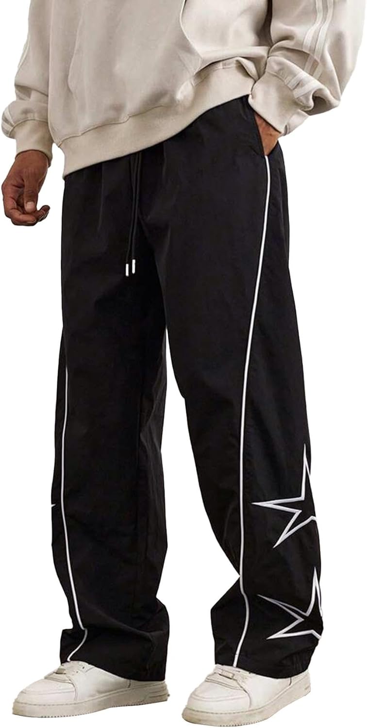 Men's Baggy Sweatpants Y2K Casual Pants Striped Star Lightweight Dance Streetwear Wide Leg with Pocket