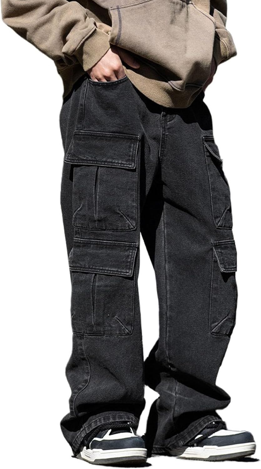 Baggy Cargo Jeans Men Teen Boys Casual Loose Jeans Flap Pockets Y2k Denim Pants 90s Hip Hop Streetwear