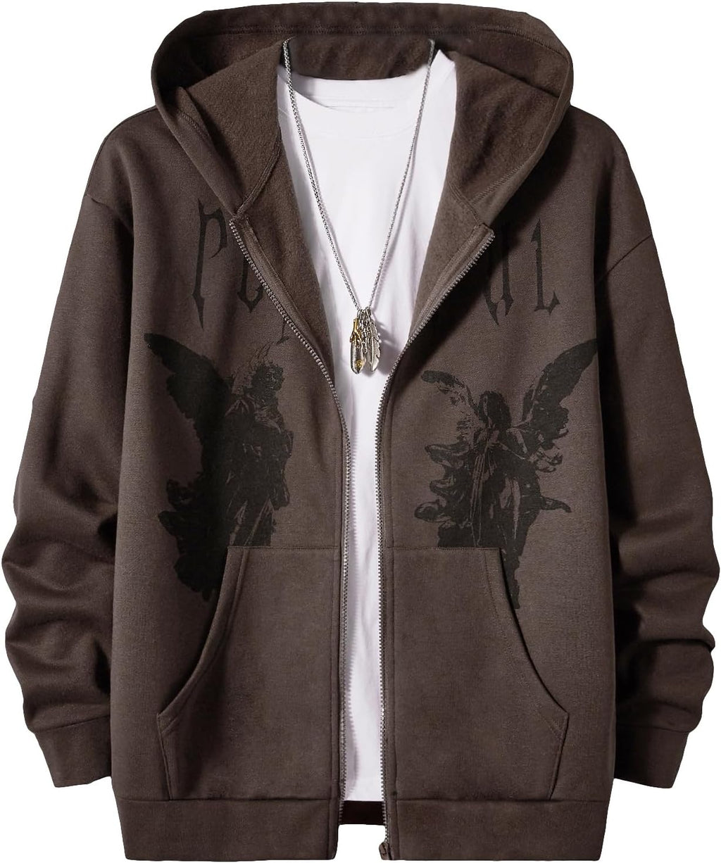 Men's Graphic Zip Up Hoodies Streetwear Jacket Letter Print Long Sleeve Sweatshirt with Pocket