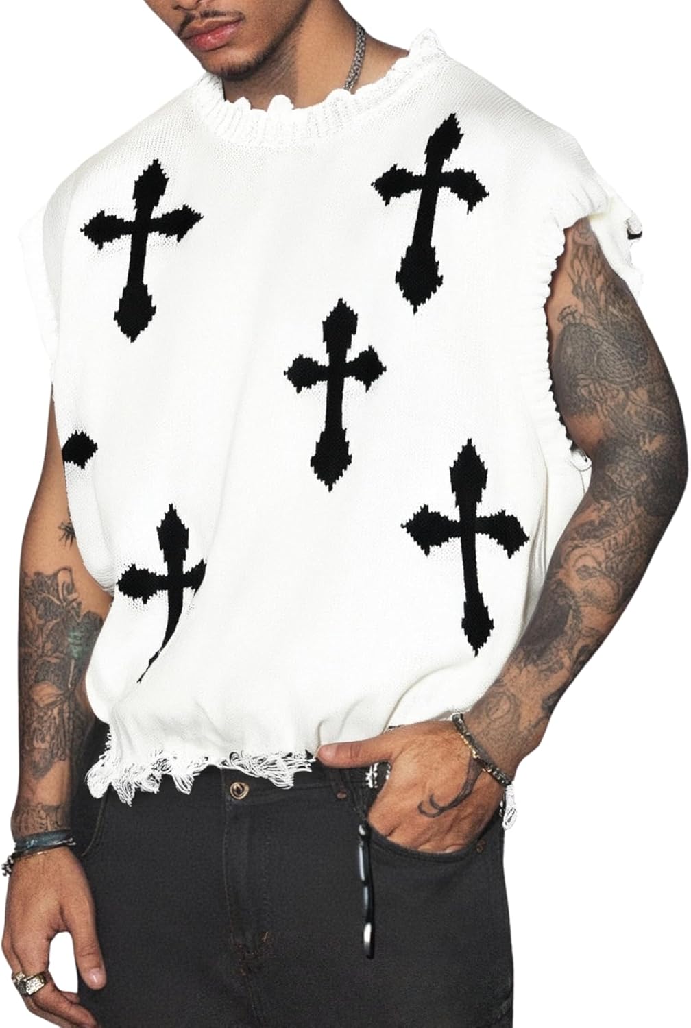 Men's Sweater Vest Cross Print Ripped Y2k Sweaters Vintage Sleeveless Knit Tops Streetwear