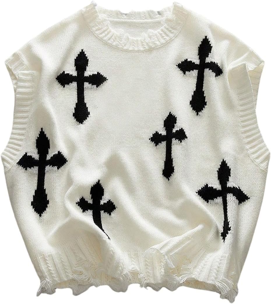 Men's Sweater Vest Cross Print Ripped Y2k Sweaters Vintage Sleeveless Knit Tops Streetwear