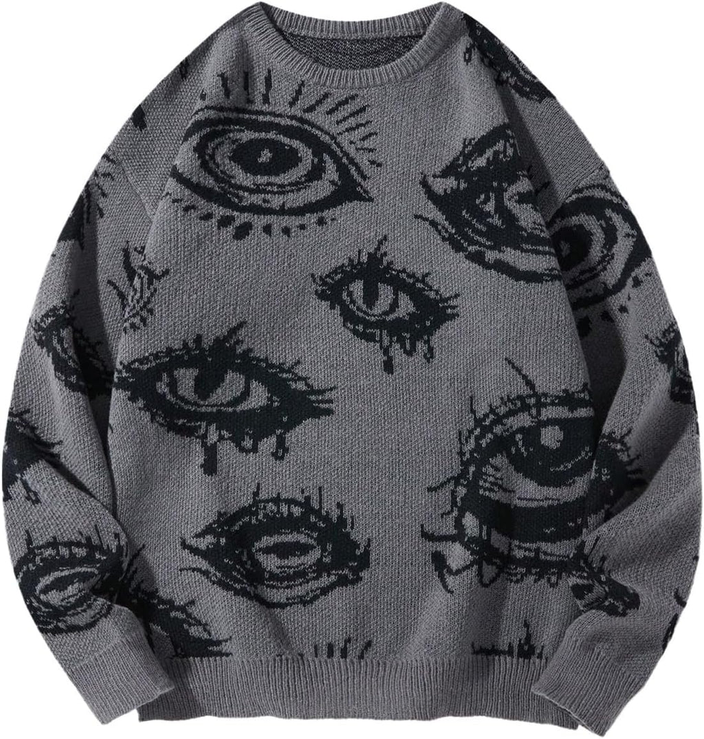 Men's Fall Goth Grunge Sweater Y2K Oversized Punk Sweater Halloween Graphic Long Sleeve Knit Pullover Streetwear