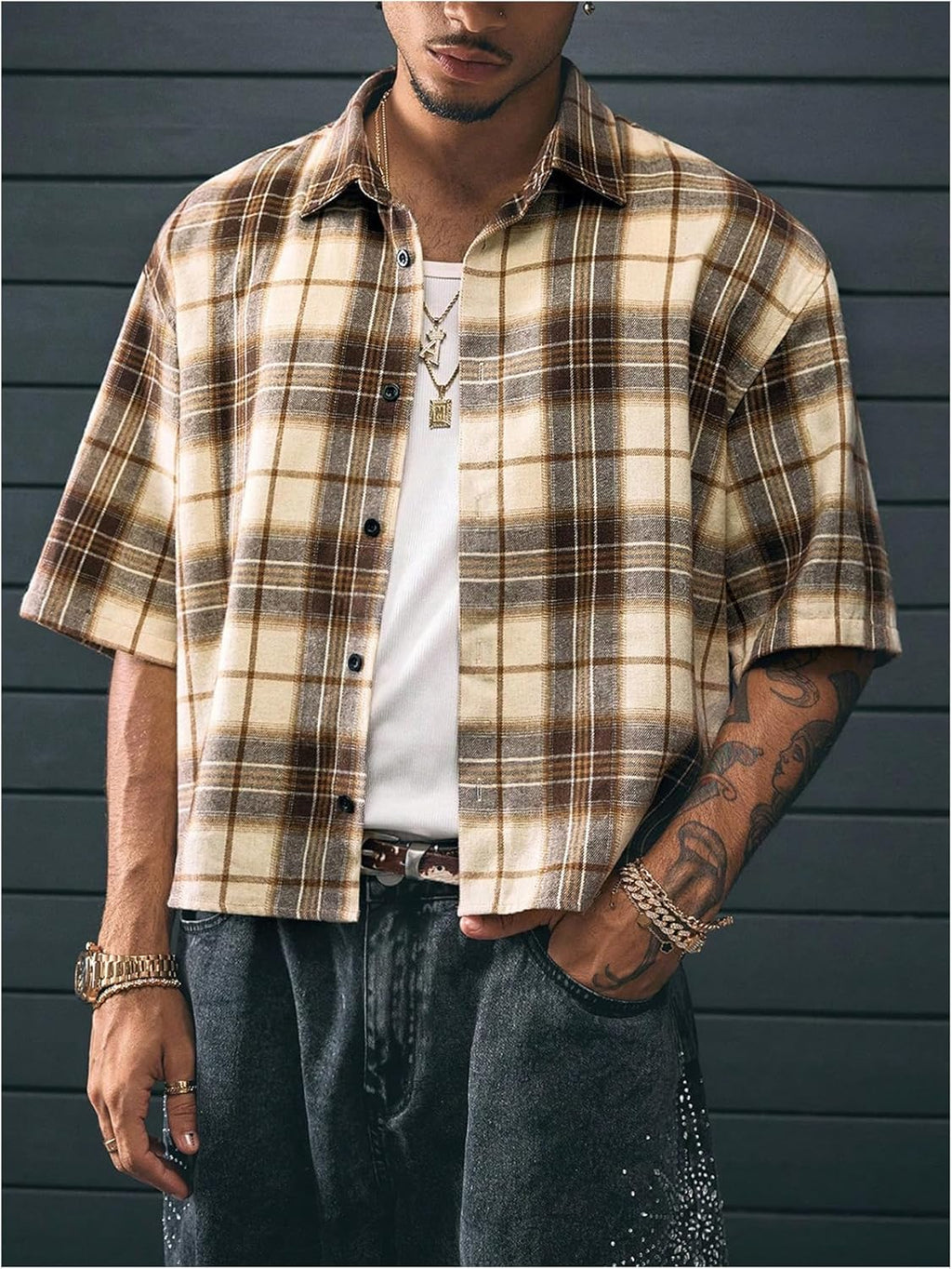 Men's Checkered Cropped Button Down Shirt Number Graphic Short Sleeve Vacation Crop Tops